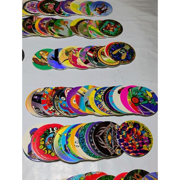 Pogs, Lot of 100+, Play Matte, Slammers and Jots Storage  Lot of Over 160 Assorted Pogs With Round Carrying Case
